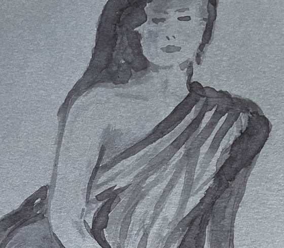 Image 1 of Aquarelle Monochrome sur Papier Denim - Portrait Féminin