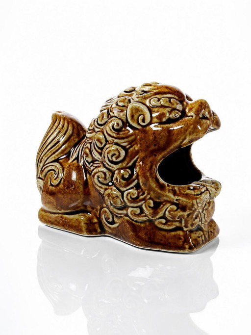 Foo dog asbak van bruin geglazuurd keramiek, vintage jaren 60-70.