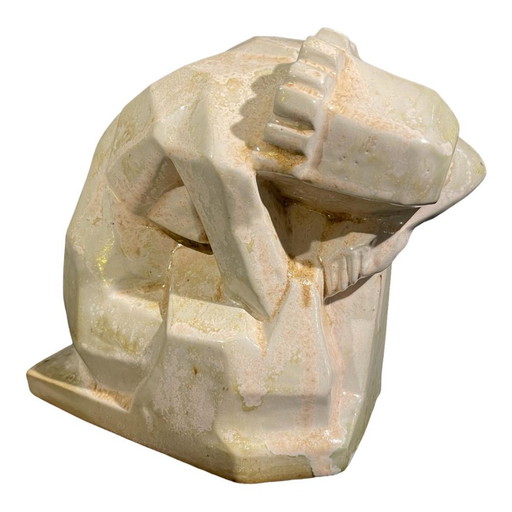 Grande Sculptures en grès salé cuit d'une femme nue endormie par Angelo Hecq pour Roger Guerin, 1930