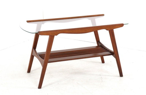 Mesa de centro vintage con revistero de teca y cristal. – salontafels, Wood, Glass