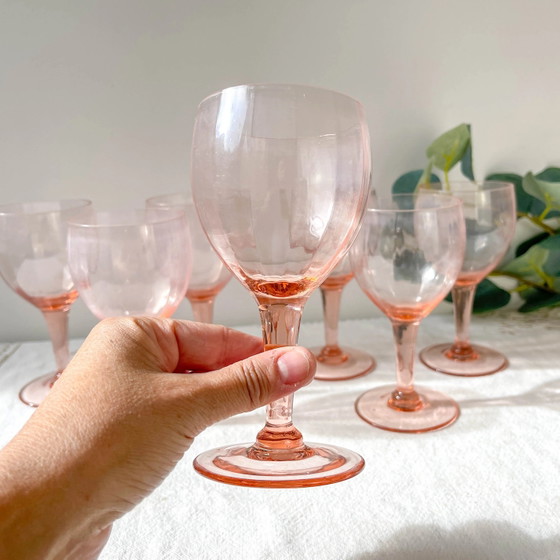 7 Vintage Facet Roze Glazen Waterglazen - Jaren 50 - Franse Elegantie – Glazen & Karaffen, Glass (photo 6 of 10)