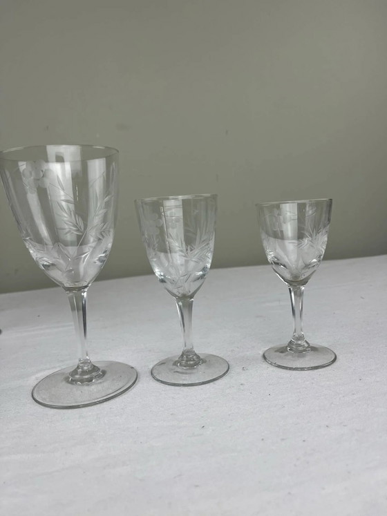 Set antiker gravierter Gläser – Gläser & Karaffe, Crystal, Glass (photo 5 of 9)