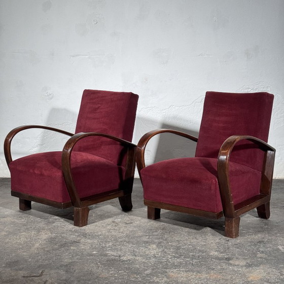 Debreceni-stijl Hongaarse Art Deco Fauteuils, Paar, Jaren 50 – Velvet, Wood (photo 2 of 10)