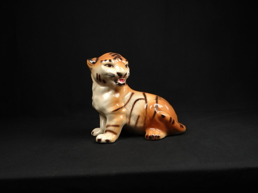 Cracked Italian ceramic tiger Hollywood Regency Vintage 60s