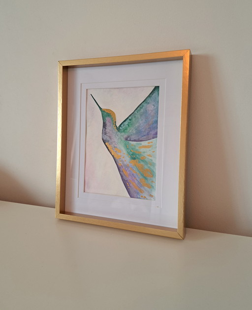 Watercolor painting hummingbird | With frame