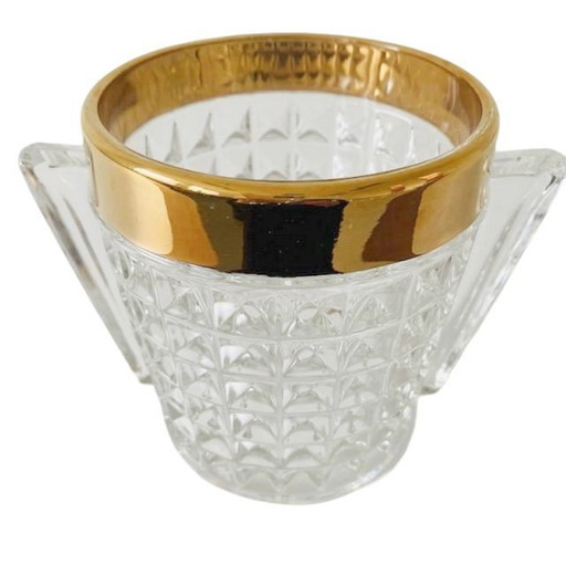 Secchiello per ghiaccio di metà secolo in cristallo tagliato pesante con manici in ottone anni '50