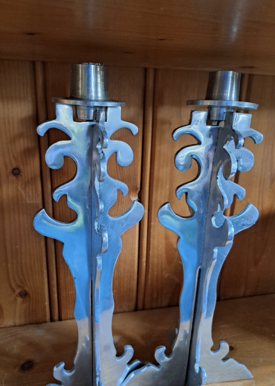 Image 1 of Pair of Brutalist Carved Metal Candleholders - 1970s