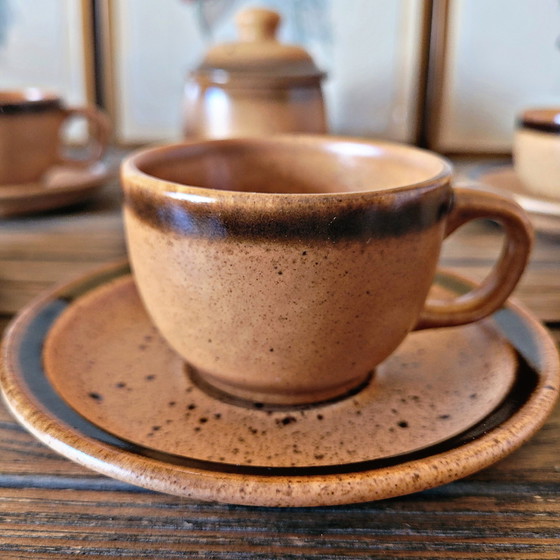 Image 1 of Tasses et Sucrier Vintage en Grès Moucheté de Bourgogne Sarreguemines