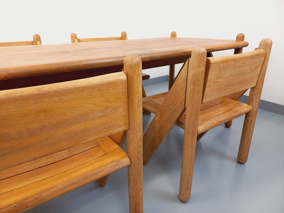 Image 1 of Exceptional suite of a large rectangular table and 4 vintage Brutalist chairs in solid oak from the 60s