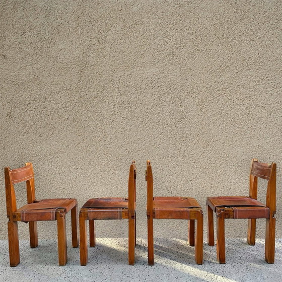 Set di 4 sedie di Pierre Chapo, 1960, Sedie da pranzo, Pelle, Marrone (foto 3 di 12)