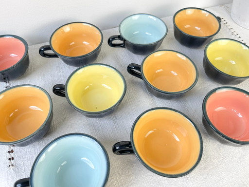 Vintage 1970 Black Earthenware Coffee Cups with Multicolored Background