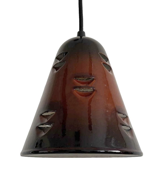 Image 1 of Lampe suspendue vintage métal émaillé marron 1970