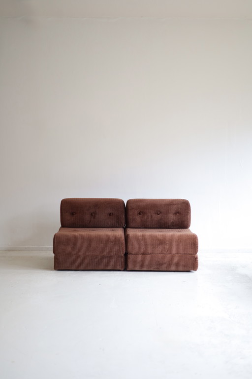 Set of 2 brown ribbed fabric sleeping armchairs, 1970s