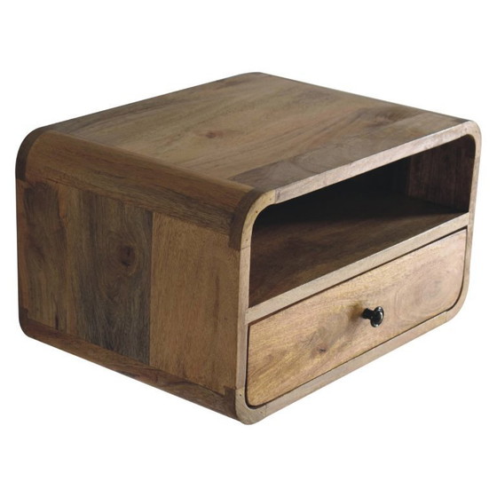 Image 1 of Mesita de noche flotante grande con cajón en madera maciza de mango con aspecto de roble.