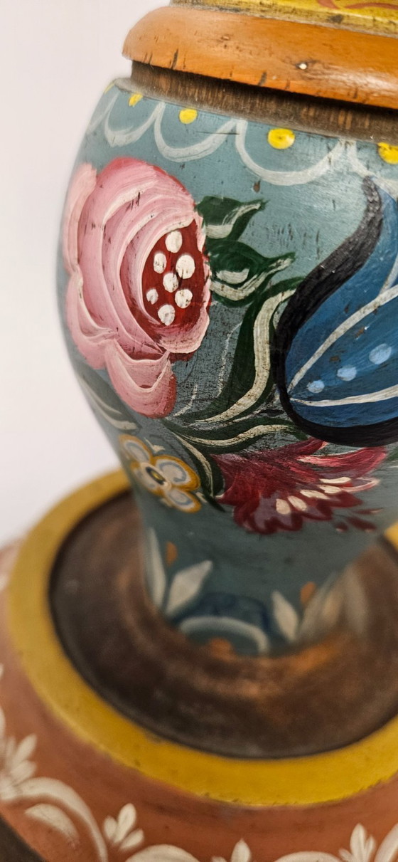 Image 1 of Vintage Wooden Hand painted Candle Holder German Bauernmalefai Folk Art Floral Flower Motifs Farmhouse Decor Carved Wood Candles