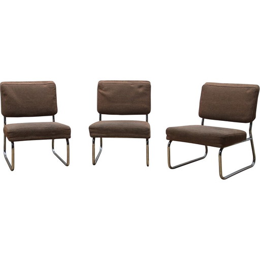 Set di 3 poltrone vintage in metallo cromato e lana, 1950
