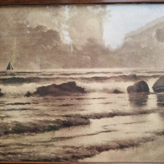 Image 1 of antiek 19e eeuw schilderij Charles J. Hagberg (American Illinois 19e/20e eeuw) sepia zeegezicht