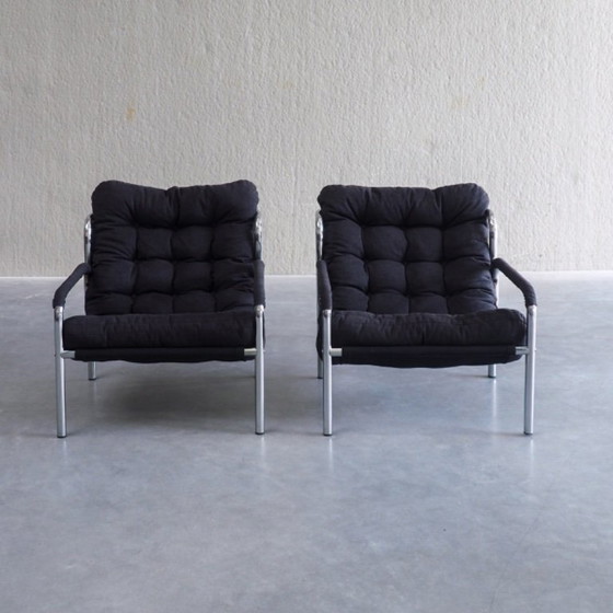 Coppia di Poltrone Tubolari Mid-Century Modern, Tessile, Nero (foto 2 di 12)