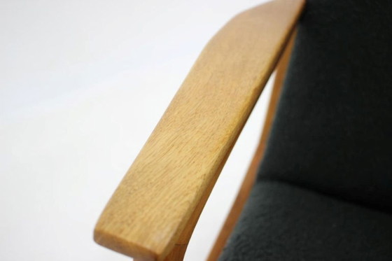 Image 1 of 1960s Mid-Century Czechoslovakian Oak Wingback Armchair in Black Bouclé