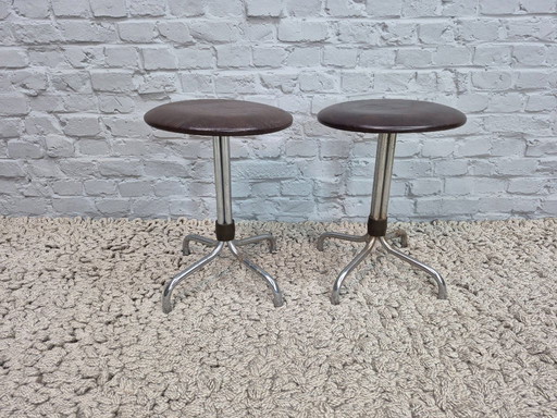 Set of Two Vintage Design Low Bar Stools, Tubular Steel, Brown Leatherette. The Netherlands, 1960s