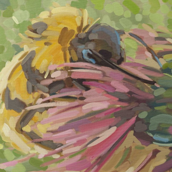 Image 1 of Bumblebee and Thistles, oil on canvas, 100x70cm, Sandra Kolondam