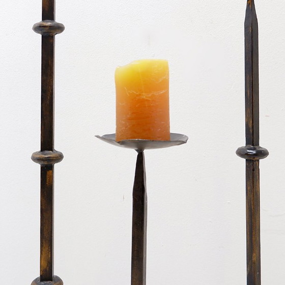 Image 1 of Set of 3 brutalist tripod candlesticks/candle holders in wrought iron