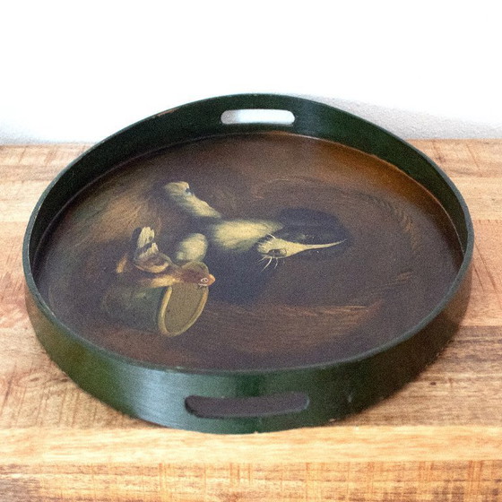 Image 1 of Vintage handbeschilderd houten dienblad met hond en duif