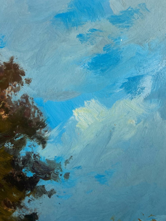 Image 1 of Peinture à l'huile originale Paysage de champ d'été Admirez la forêt d'été
