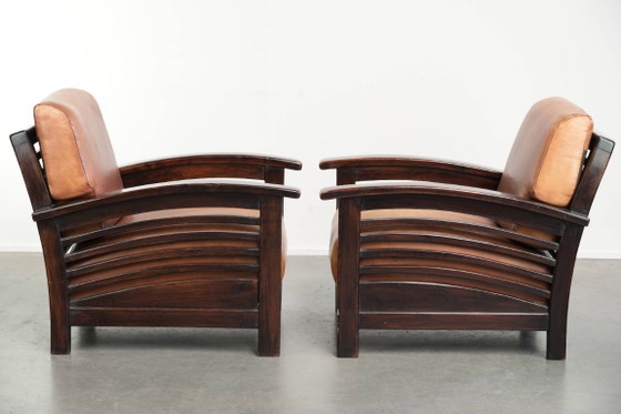 2 begehrenswerte cognacfarbene Rindsleder Art Deco Sessel aus dem 20. Jahrhundert – Leather (photo 2 of 13)