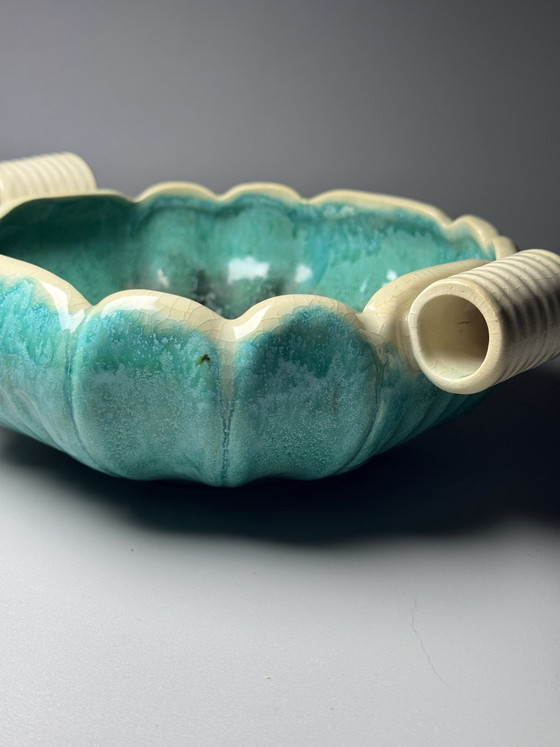 Faïenceries de Thulin, Art Deco Turquoise Ceramic Centrepiece with Drip Glaze, Belgium, circa 1930s (photo 9 of 13)
