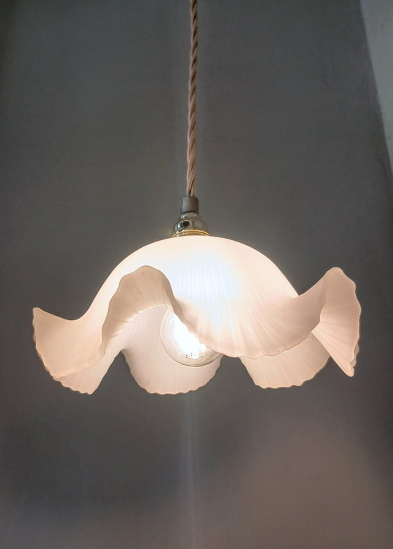 Image 1 of Vintage frosted glass pendant lamp. Floral, wavy shape.