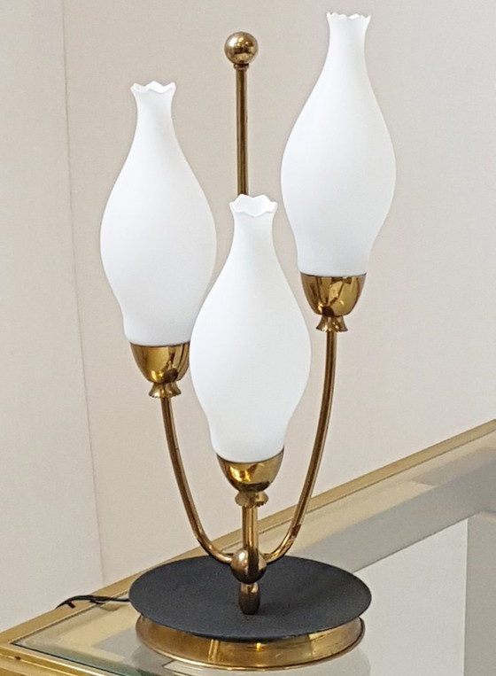 Image 1 of Lampada da tavolo a forma di mughetto, stile rockabilly vintage anni '50, ottone e vetro, anni '50