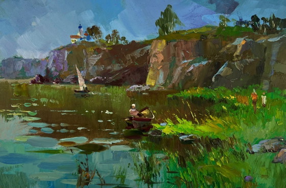 Image 1 of Original Oil Painting Summer River Landscape River flows through rocky cliffs