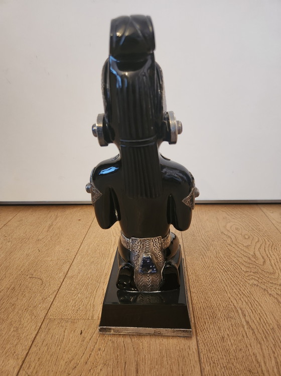 Image 1 of 2 large Mexican sculptures – Solid Obsidian & Alpaca/Silver with Turquoise inlay – 35 cm – Monumental weight: 8.8 kg!