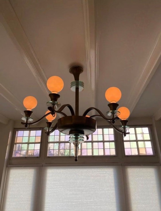 Image 1 of Beautiful large Art Deco chandelier (6-arms) - 1930s - Brass & Glass