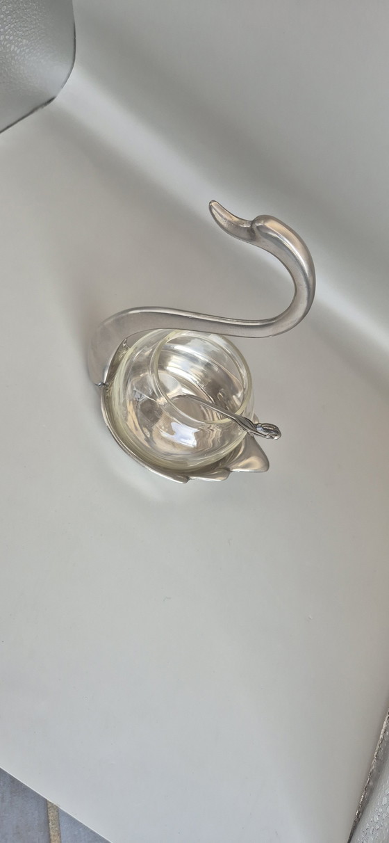 Image 1 of Vintage Swan-Shaped Jam or Sugar Bowl – Silver Metal & Glass – With Spoon