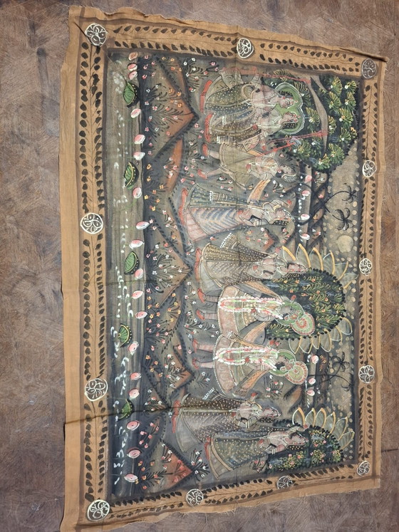 Vintage Pichwai Wall Hanging - 54x75 cm - Hand-painted - India, Wall decoration, Cotton, Beige (photo 3 of 5)