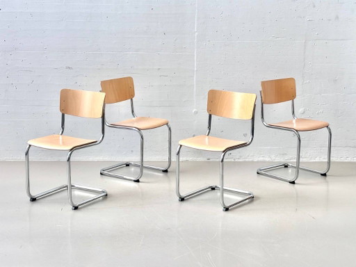 Set aus 4 Thonet S43 Freischwinger von Mart Stam, verchromtes Stahlrohr & Buchenschichtholz