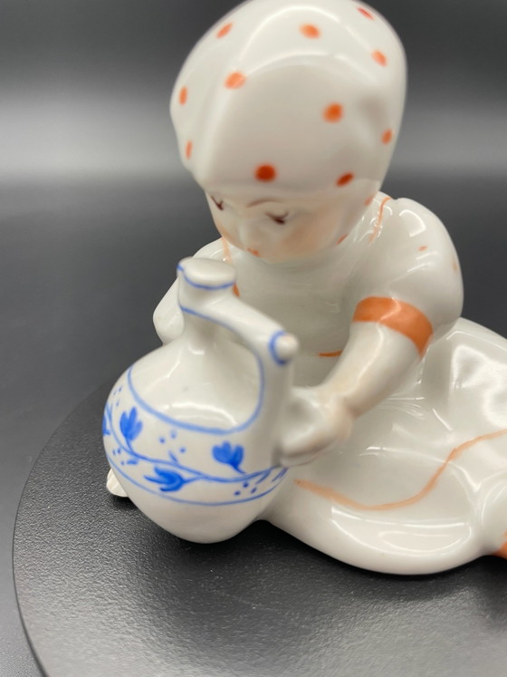 Zsolnay Pécs, Vintage Porcelain Figurine Girl with Jug, Hungary, Decorative Objects, Orange (photo 5 of 7)