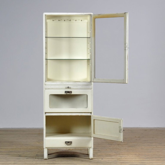 Wooden medical cabinet from the 1930s, Display cabinets, Glass, Metal, Creme (photo 3 of 12)