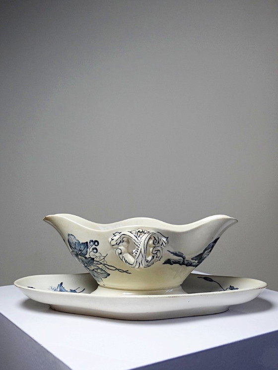 Image 1 of Antique Longwy earthenware gravy boat, late 19th-early 20th century