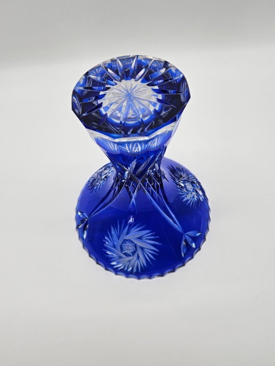 💎 Vase Calice en Cristal au Plomb Bohemia Vintage – Verre Superposé Bleu Cobalt (Taillé à la Main, CSR) (photo 8 of 8)
