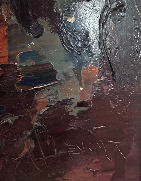 Image 1 of Johannes H.H. Bévort – Abstract-expressionistisch stadsgezicht / marktscène – olieverf op doek (1971)