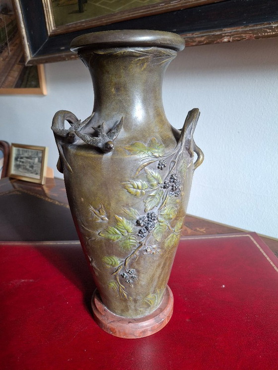 Image 1 of Pair of Art Nouveau spelter vases with triple patina, signed Louis and François Moreau