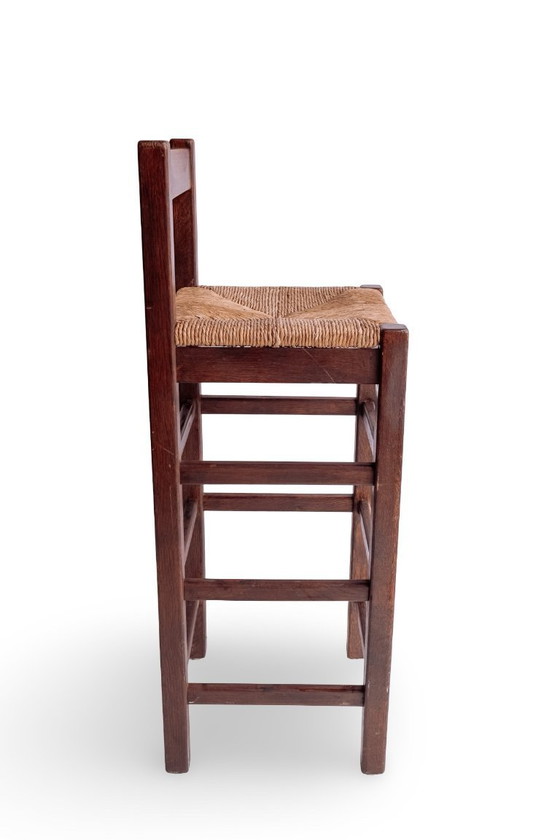 Image 1 of 2x tabourets de bar vintage en bois avec assise en jonc