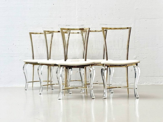 Image 1 of Set: 6 Stühle aus Acrylglas mit Messingdetails von Vereinigte Werkstätten, 1980er Jahre
