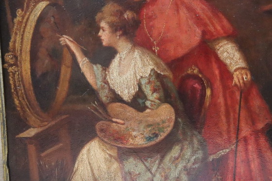 Image 1 of Olieverfschilderij op karton, Jonge schilderes met kardinaal, Italië, 19e eeuw