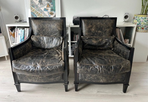 Lot de 2 Fauteuils Vintage en Cuir - Style Art Déco – Wood, Leather