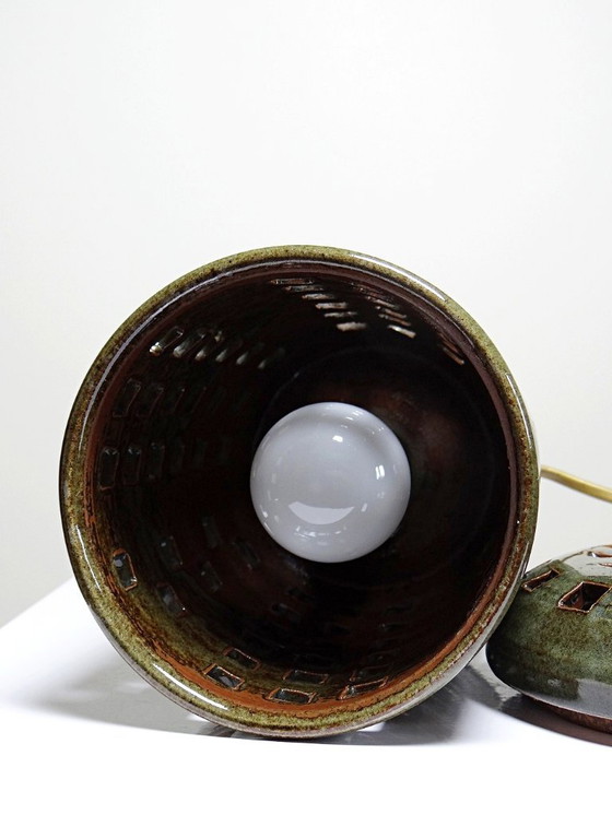 Image 1 of Lampe de table vintage grès émaillé ajouré "Immeuble" signé