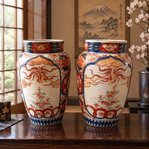 Set Antiker Japanischer Imari Vasen, 25cm Hoch